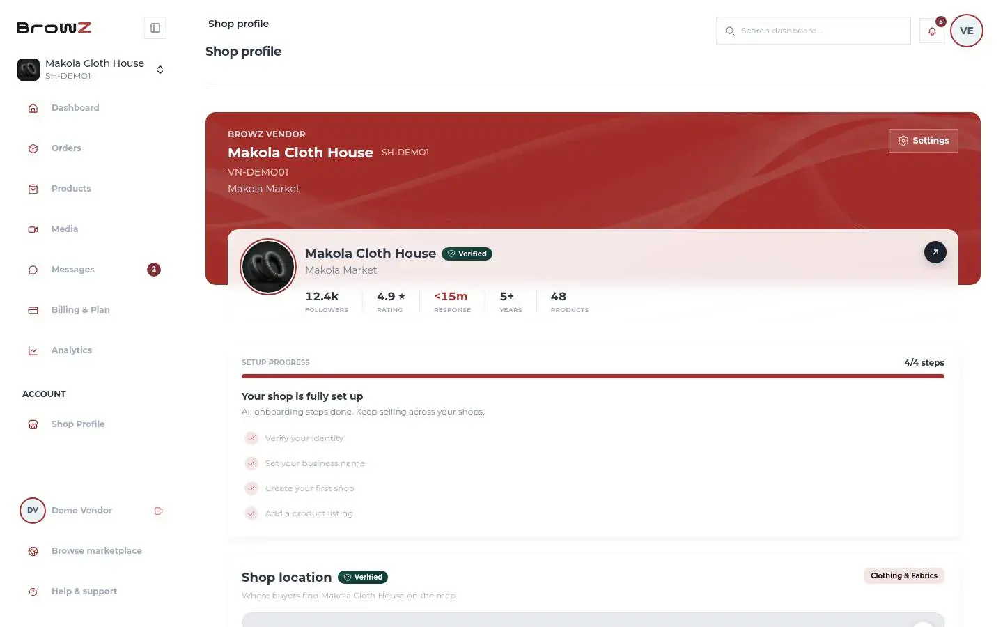 A Browz shop profile in the vendor dashboard